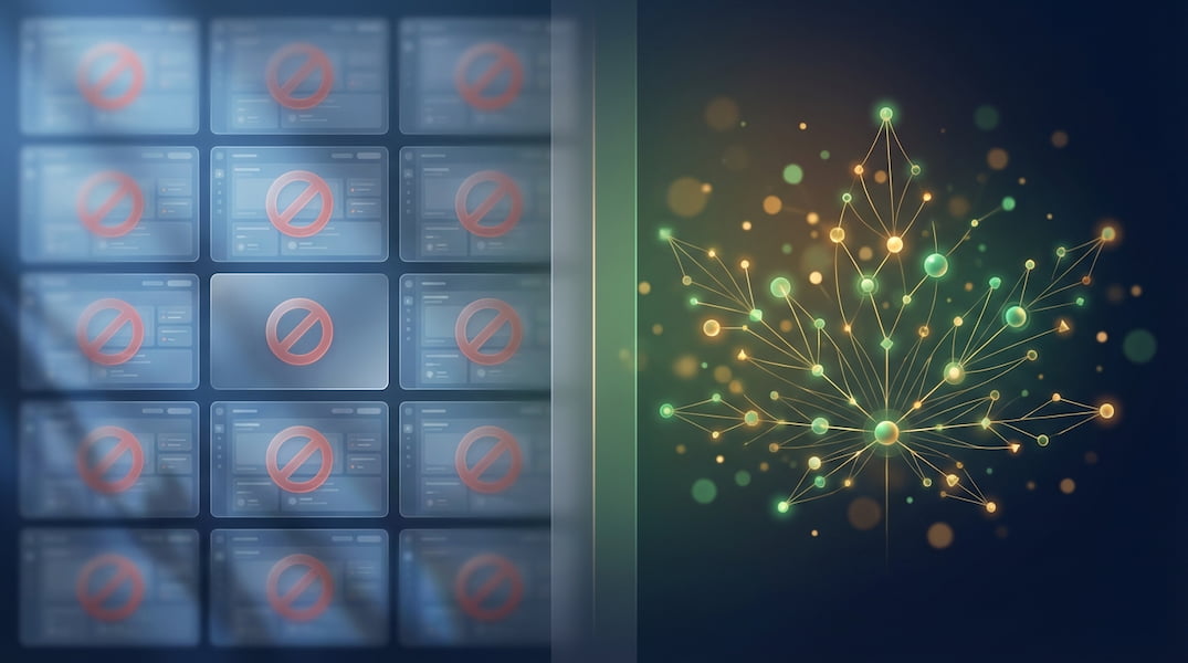 Split illustration showing blocked ad platforms on the left and organic cannabis community growth network on the right